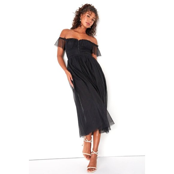 Lulus Dresses & Skirts - Fairytale Inspired Tulle Midi Dress w/Bustier Bodice & Convertible Sleeves Black
